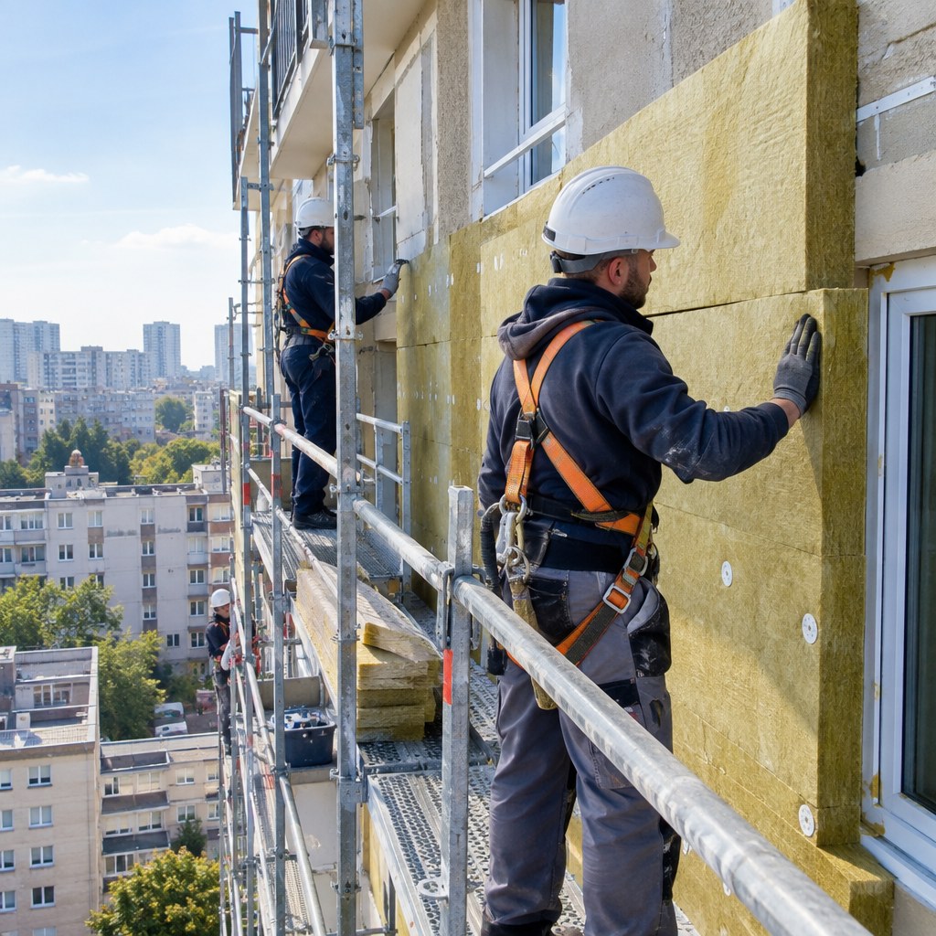 Travaux d'isolation thermique par l'extérieur sur une copropriété avec échafaudage et ouvriers