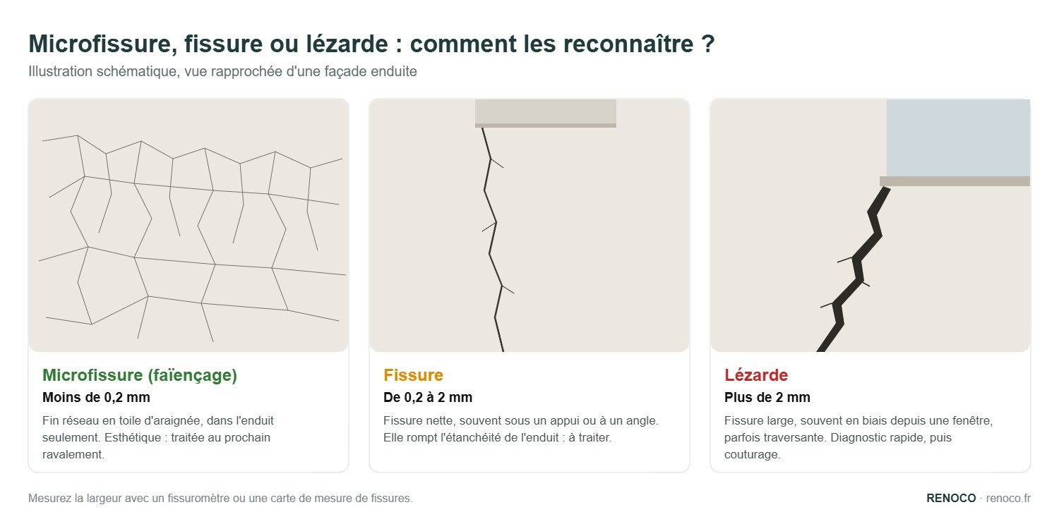 Schéma comparatif : microfissure (faïençage) de moins de 0,2 mm, fissure de 0,2 à 2 mm et lézarde de plus de 2 mm sur une façade enduite
